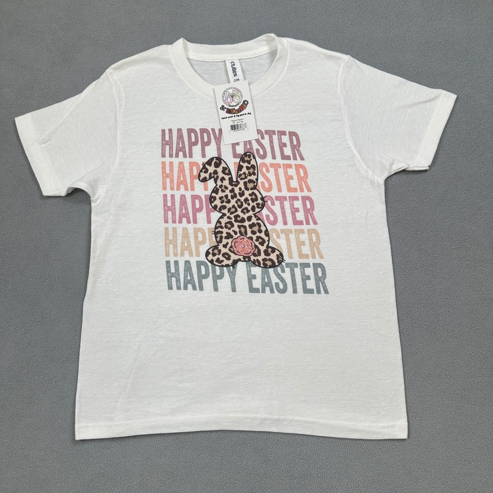 Happy Easter Bunny Shirt Leopard Print White M Womens Graphic Crew Neck Tee NWT